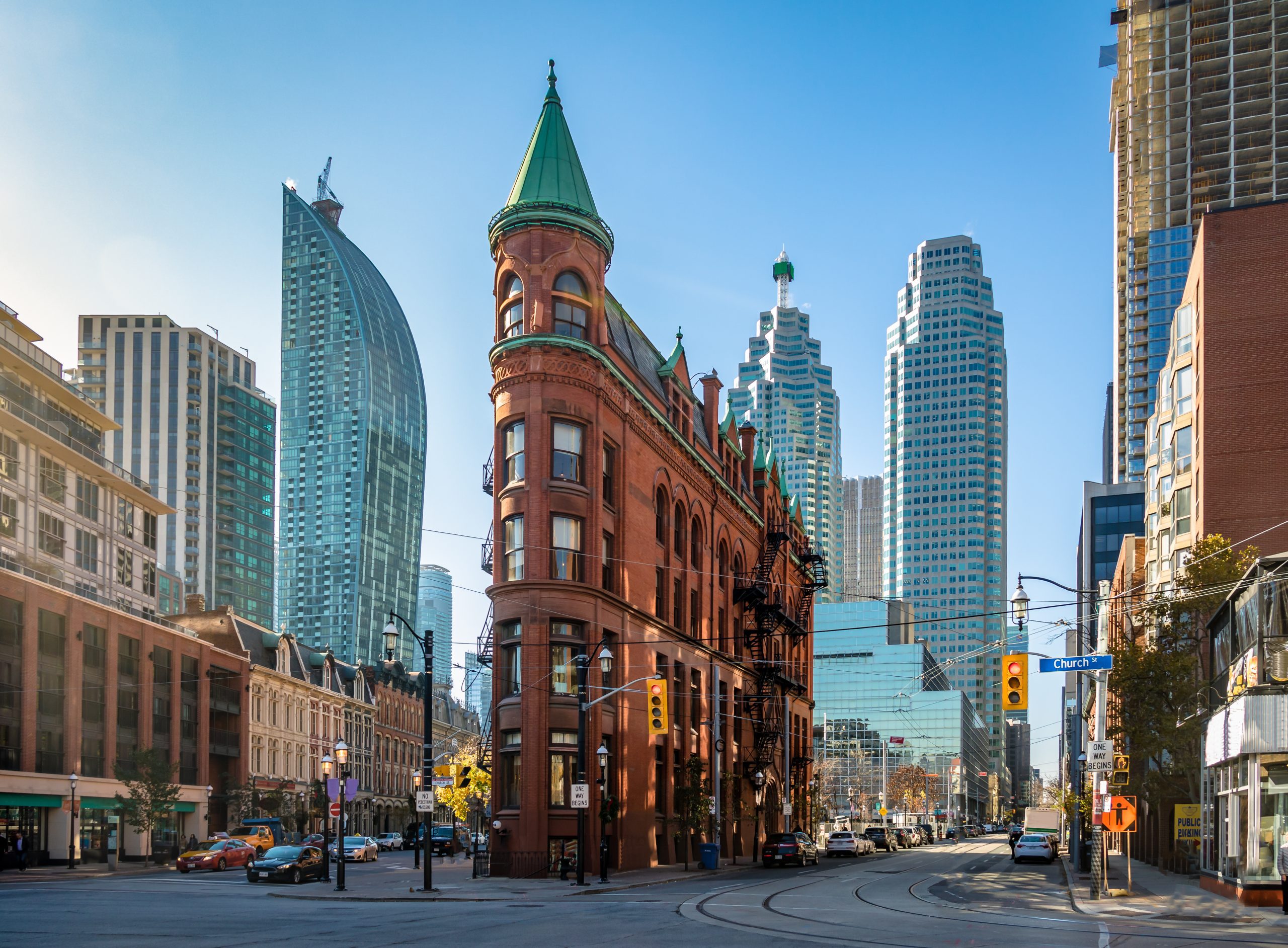 Facade of the Gooderham Building on Wellington Street in Toronto, Ontario.